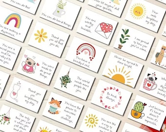 May include: A collection of rectangular white cards featuring colorful illustrations and motivational text. Designs include rainbows, suns, potted plants, animals like a pug and fox, and hearts. Each card displays unique phrases such as You can do this, You are worthy and loveable, and Be kind. Always.