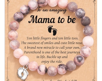 New Mom and Dad Gift, Baby Foot Bracelet, Pink Zebra Tiger Eye Beaded Bracelet, New Parent Keepsake, Blessing Card Gift