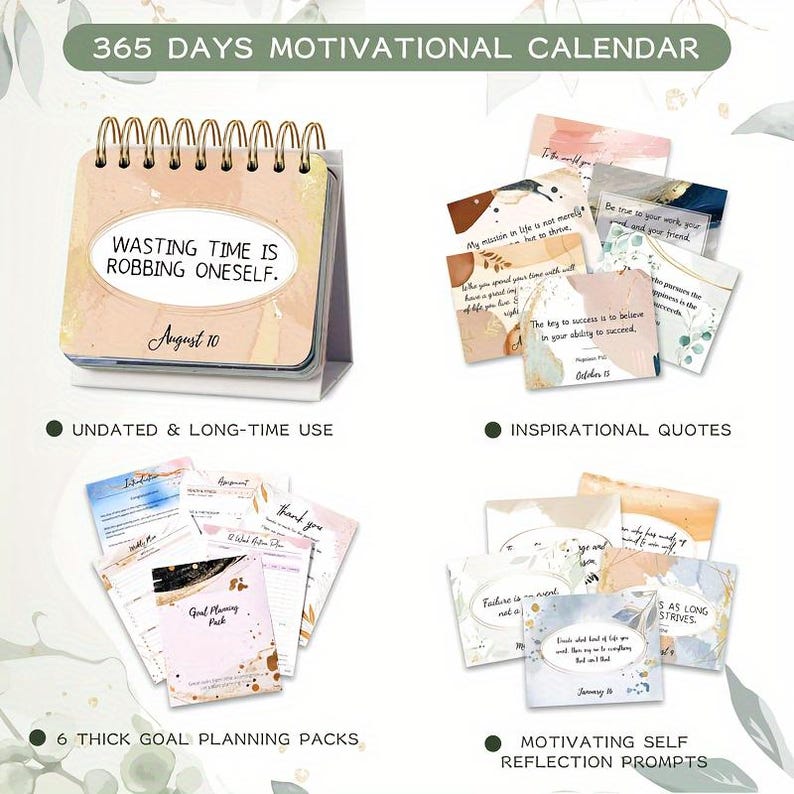 May include: A motivational calendar set with a pink and white desktop calendar, inspirational quotes, and goal planning pages. The calendar features the text "Wasting time is robbing oneself." and "August 10".