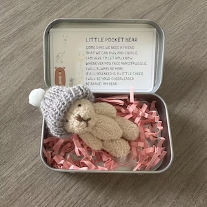 May include: A small, beige crocheted bear wearing a grey hat with a white pom-pom, inside a metal tin filled with pink paper shreds. The tin contains a card with the text "LITTLE POCKET BEAR" and a comforting message.