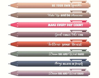 May include: A set of ten retractable ballpoint pens in various matte colors, each featuring a unique white printed motivational phrase such as DO NOT Give Up, BE YOUR OWN Sparkle, Wake Up and be Awesome, MAKE EVERY DAY COUNT, and Always BELIEVE IN Yourself.