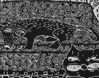 The Cat's Sofa linoleum print by Coco Berkman from "Dogs on Sofas" series