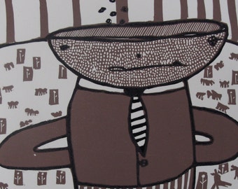 Hand pulled linocut relief print - Cupman in Landscape