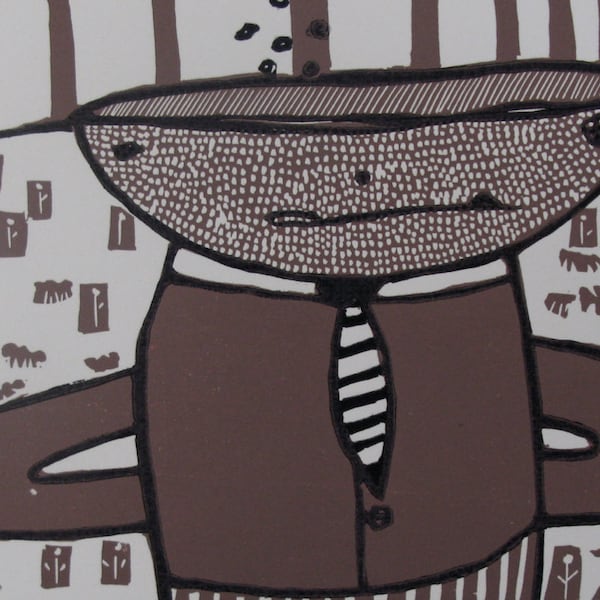 Hand pulled linocut relief print - Cupman in Landscape