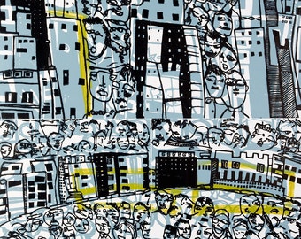 People and Buildings linoleum print