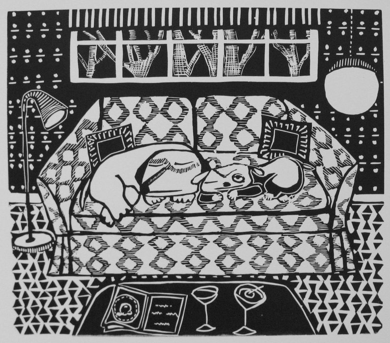 Martinis linoleum print by Coco Berkman Dogs on Sofas series image 5