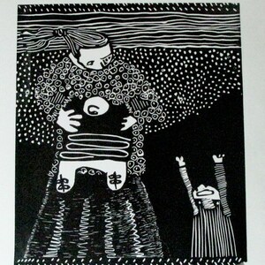 Linocut relief printmaking Mom and Kids image 3