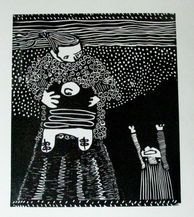 Linocut relief printmaking Mom and Kids image 3