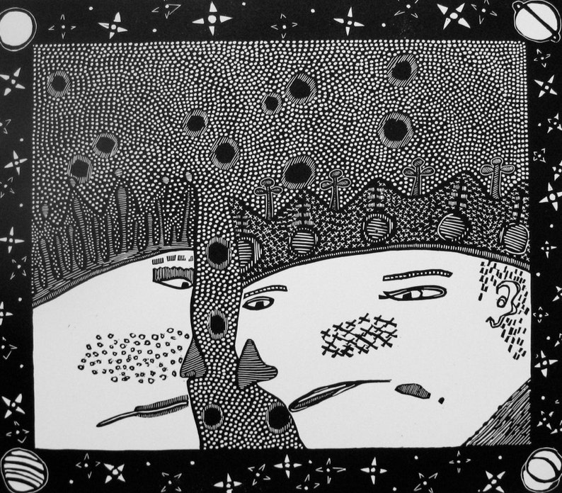 Linocut Print The Kings Contemplate the Cosmos image 1