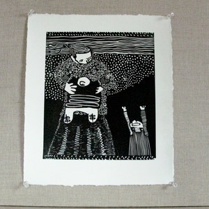 Linocut relief printmaking Mom and Kids image 4