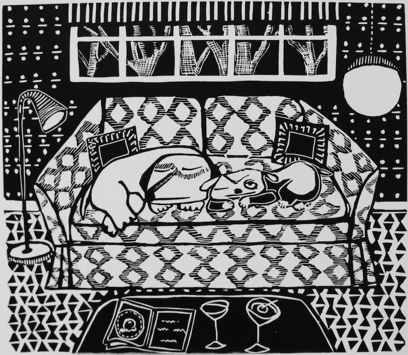 Martinis linoleum print by Coco Berkman Dogs on Sofas series image 1