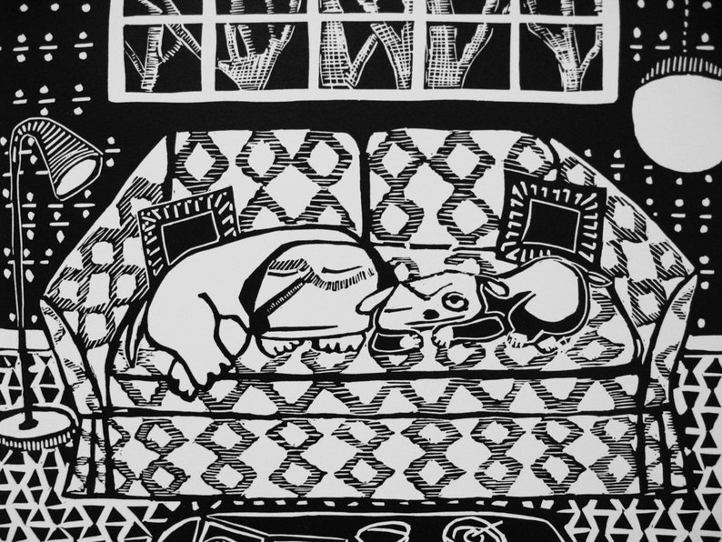 Martinis linoleum print by Coco Berkman Dogs on Sofas series image 2