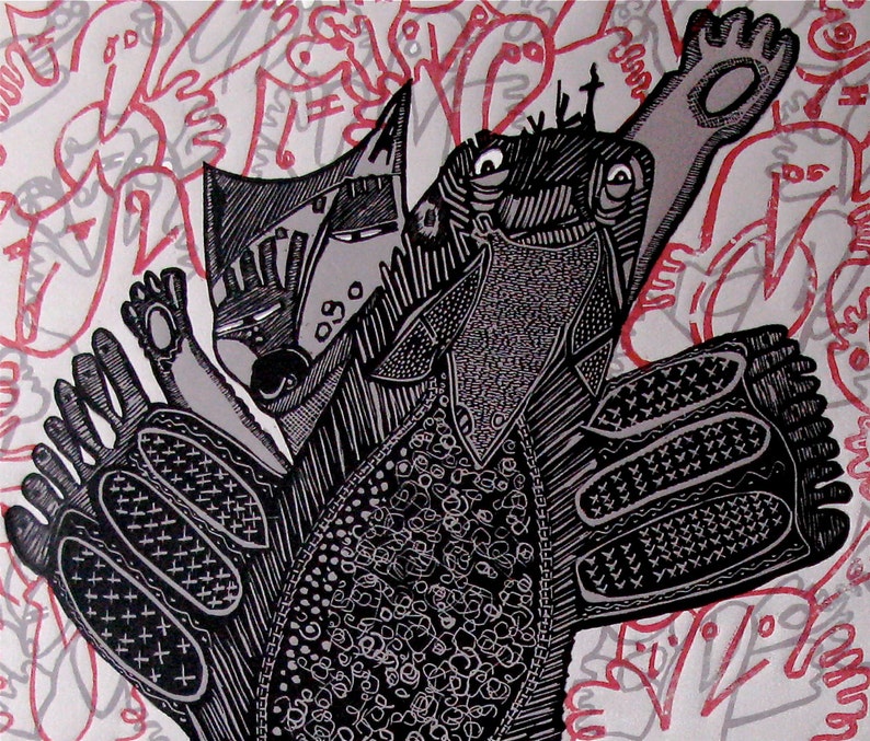 Linocut Relief Printmaking Predator/Prey image 1