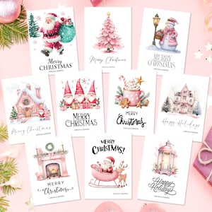 Modelo de cartão de Natal rosa, 10 peças de cartões de felicitações minimalistas de Natal Pinkmas, modelo Canva editável e imprimível, download digital