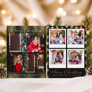 2-delige kerstkaartsjabloon, fotocollage vakantiewenskaarten, bewerkbare afdrukbare canvassjabloon digitale download, zwart goud