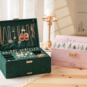 Large Velvet Jewelry Box Personalized, Custom Jewelry Box with Drawer, Jewelry Organizer with Flower, Jewelry Display,Gifts for Her Mom