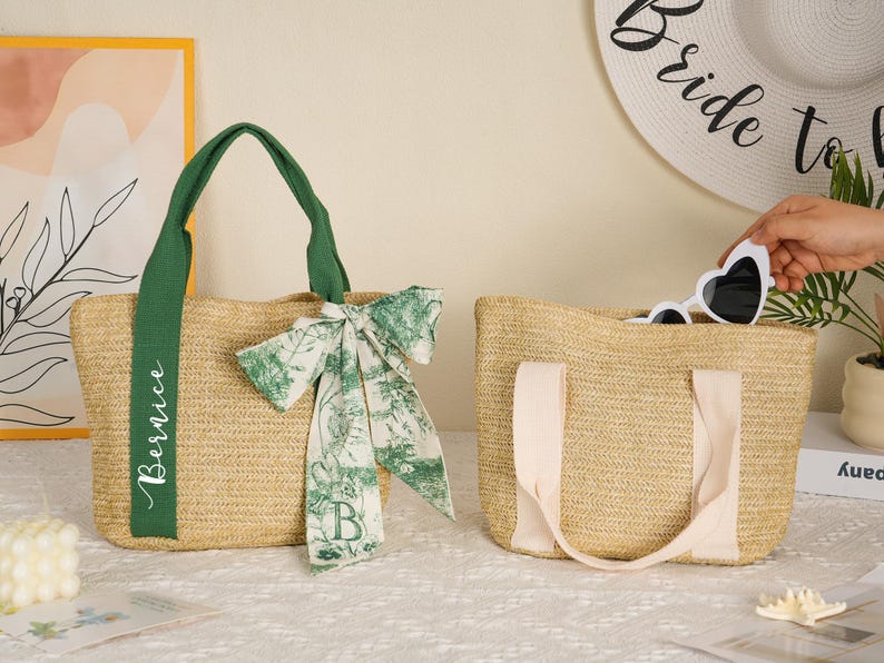 Custom Straw Beach Bags,Personalized Beach Bag,Custom Bridesmaid Bag,Burlap Tote Bag,Bridal Party Gifts,Wedding Gifts,Bachelorette Bags image 4