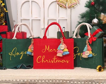 Personalized Jute Christmas Gift Bag, Custom Holiday Tote