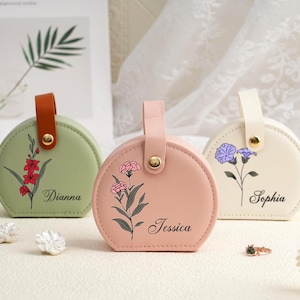 Boîte à bijoux personnalisée, Boîte à bijoux de voyage personnalisée, Cadeau pour demoiselles d'honneur, Boîte à bijoux personnalisée avec fleurs pour le mois de naissance, Cadeau pour la fête des mères, Cadeaux pour elle