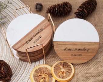 Personalized Marble Wood Coasters Set, Engraved Wedding Gift
