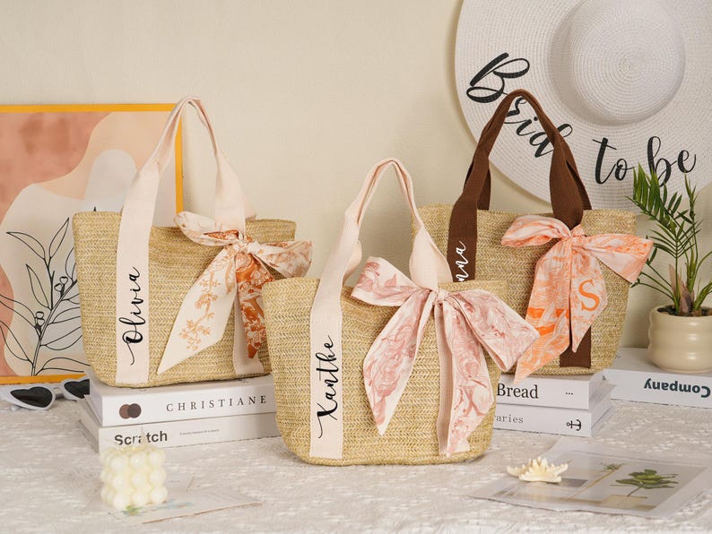 Custom Straw Beach Bags,Personalized Beach Bag,Custom Bridesmaid Bag,Burlap Tote Bag,Bridal Party Gifts,Wedding Gifts,Bachelorette Bags image 2