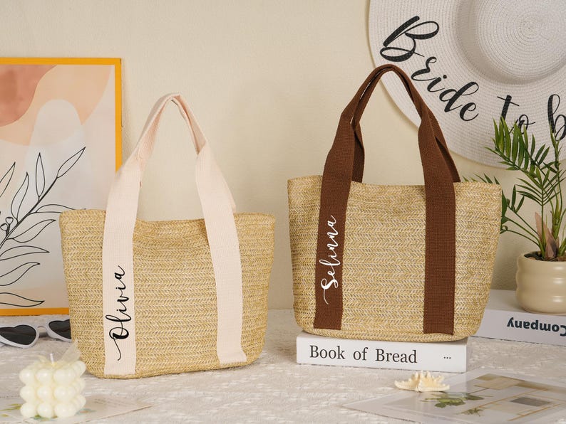 Custom Straw Beach Bags,Personalized Beach Bag,Custom Bridesmaid Bag,Burlap Tote Bag,Bridal Party Gifts,Wedding Gifts,Bachelorette Bags image 6