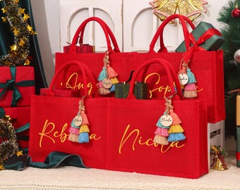 Personalized Christmas Gift Bag, Red Jute Tote Bag