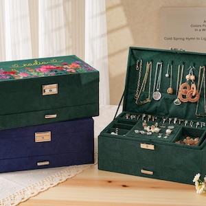 Custom Large Velvet Jewelry Box, Jewelry Box with Drawer, Jewelry Organizer with Flower, Jewelry Display, Personalized Gifts for Her Mom