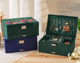 Custom Large Velvet Jewelry Box, Jewelry Box with Drawer, Jewelry Organizer with Flower, Jewelry Display, Personalized Gifts for Her Mom
