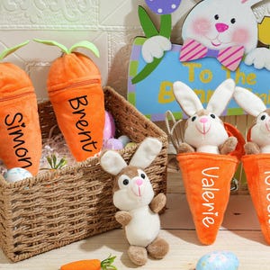May include: Four plush carrot-shaped pencil holders with embroidered names: Simon, Brent, Valerie, and Nicola. The carrots are orange and white and are arranged in a wicker basket with Easter-themed decorations.