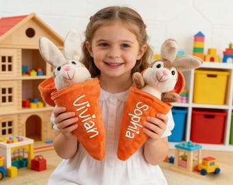 Personalized Easter Bunny Carrot: Reversible Plush Rabbit Keychain, Easter Gifts for Kids Boys Girls