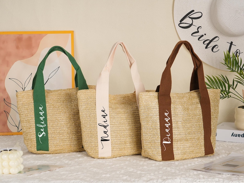 Custom Straw Beach Bags,Personalized Beach Bag,Custom Bridesmaid Bag,Burlap Tote Bag,Bridal Party Gifts,Wedding Gifts,Bachelorette Bags image 5