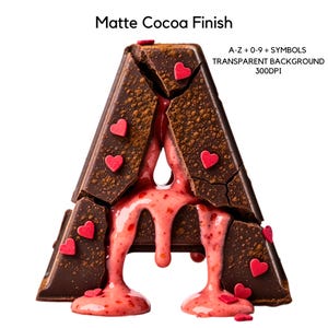 Pode incluir: Uma letra "A" de chocolate com acabamento fosco de cacau, quebrada em pedaços, com granulado vermelho em forma de coração. Uma substância rosa, semelhante a morango, escorre das rachaduras. A imagem também inclui o texto "A-Z + 0-9 + SYMBOLS TRANSPARENT BACKGROUND 300DPI".