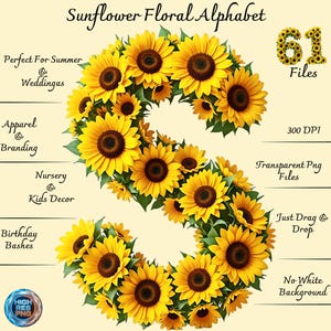 Alfabeto Girasol, Números y Animales PNG | Monograma Flores Amarillas para Boda Verano, Cuarto Bebé y Sublimación | Mega Pack