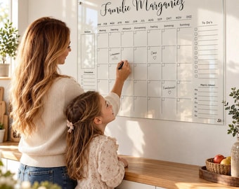 Calendario familiar personalizado de acrílico, calendario de pared perpetuo y planificador familiar con nombres, lavable, incluye soporte de pared.