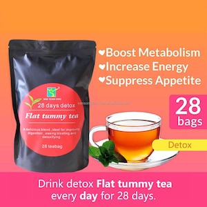 May include: A black bag of "Flat tummy tea" with a red label, a cup of tea, and mint leaves. The label says "28 days detox" and "28 teabag". Text on the image promotes boosting metabolism, increasing energy, and suppressing appetite.