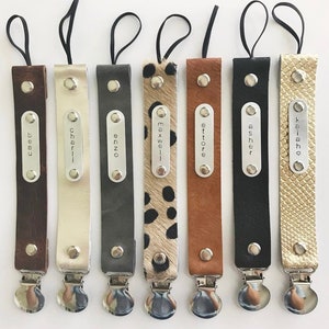 Personalized Leather STAMPED Pacifier Binky Clip- YOU choose color and name