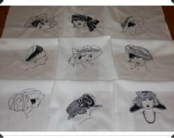 Vintage Silhouette Ladies Heads and Hats Machine Embroidered Quilt Blocks Set A