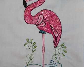 Fancy Mylar Flamingos machine embroidered quilt blocks