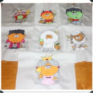 May include: A set of nine embroidered patches featuring various Halloween characters, including a witch, a devil, a monster, a vampire, a ghost, a mummy, a princess, and a pumpkin. The patches are all white with colorful embroidery.