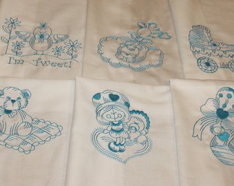 Baby Blue Machine Embroidered Quilt Blocks Set A