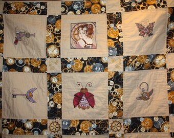 Steampunk Machine Embroidered Lap Quilt