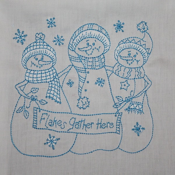 Redwork Snowmen Machine Embroidered Quilt Blocks Set