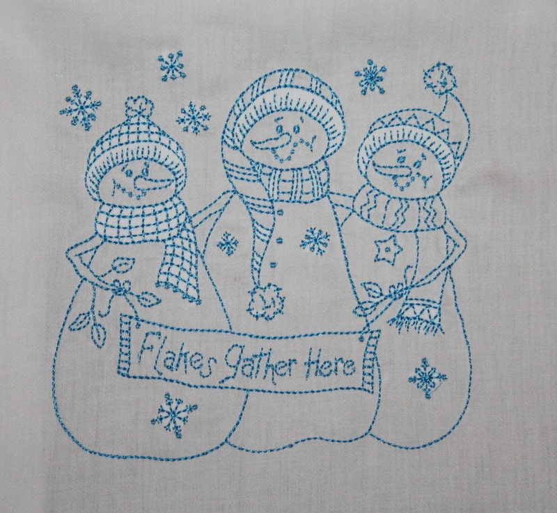 Redwork Snowmen Machine Embroidered Quilt Blocks Set Etsy