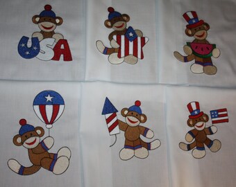 Patriotic Boy Sock Monkey Machine Embroidered Quilt Blocks Set