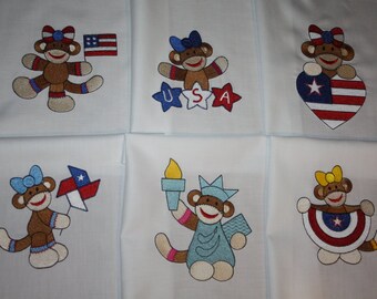 Patriotic Girl Sock Monkey Machine Embroidered Quilt Blocks Set
