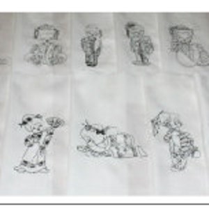 May include: Ten black and white embroidery designs featuring a variety of figures, including a girl holding a flower, a girl with a crown, and a girl with a bird. The designs are all in a similar style, with simple lines and details.