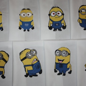 May include: Eight embroidered images of yellow Minions with blue overalls, black hair, and goggles. The Minions have different facial expressions.