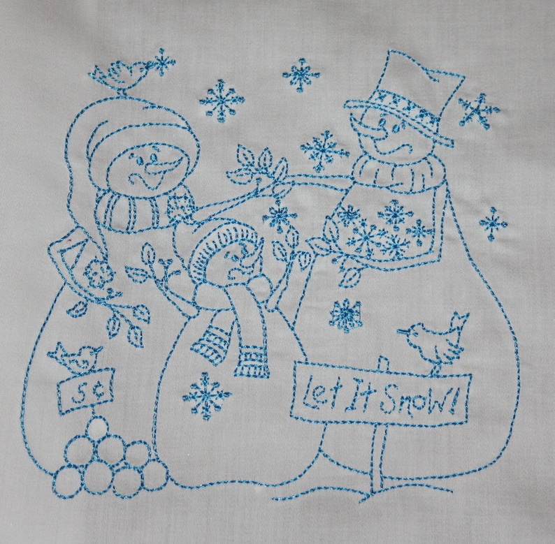 Redwork Snowmen Machine Embroidered Quilt Blocks Set Etsy