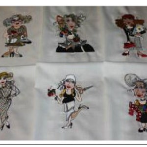May include: Six embroidered images of women in various poses and outfits. Each image is on a white fabric background.